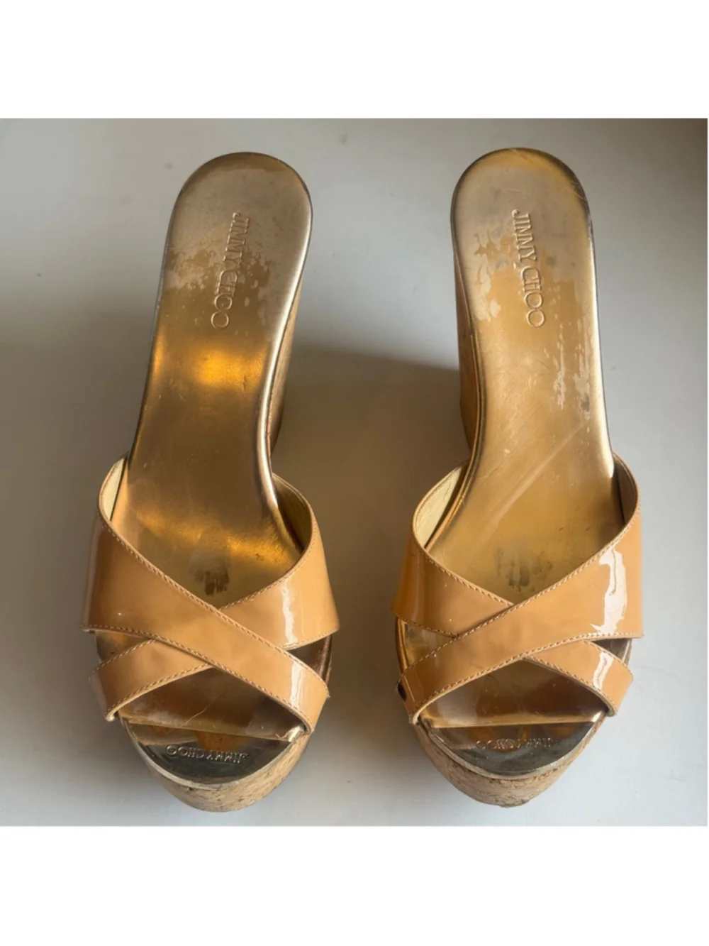 Jimmy Choo Nude Patent Leather Cork Wedge Slide Sandals Size 38 Spain US 8